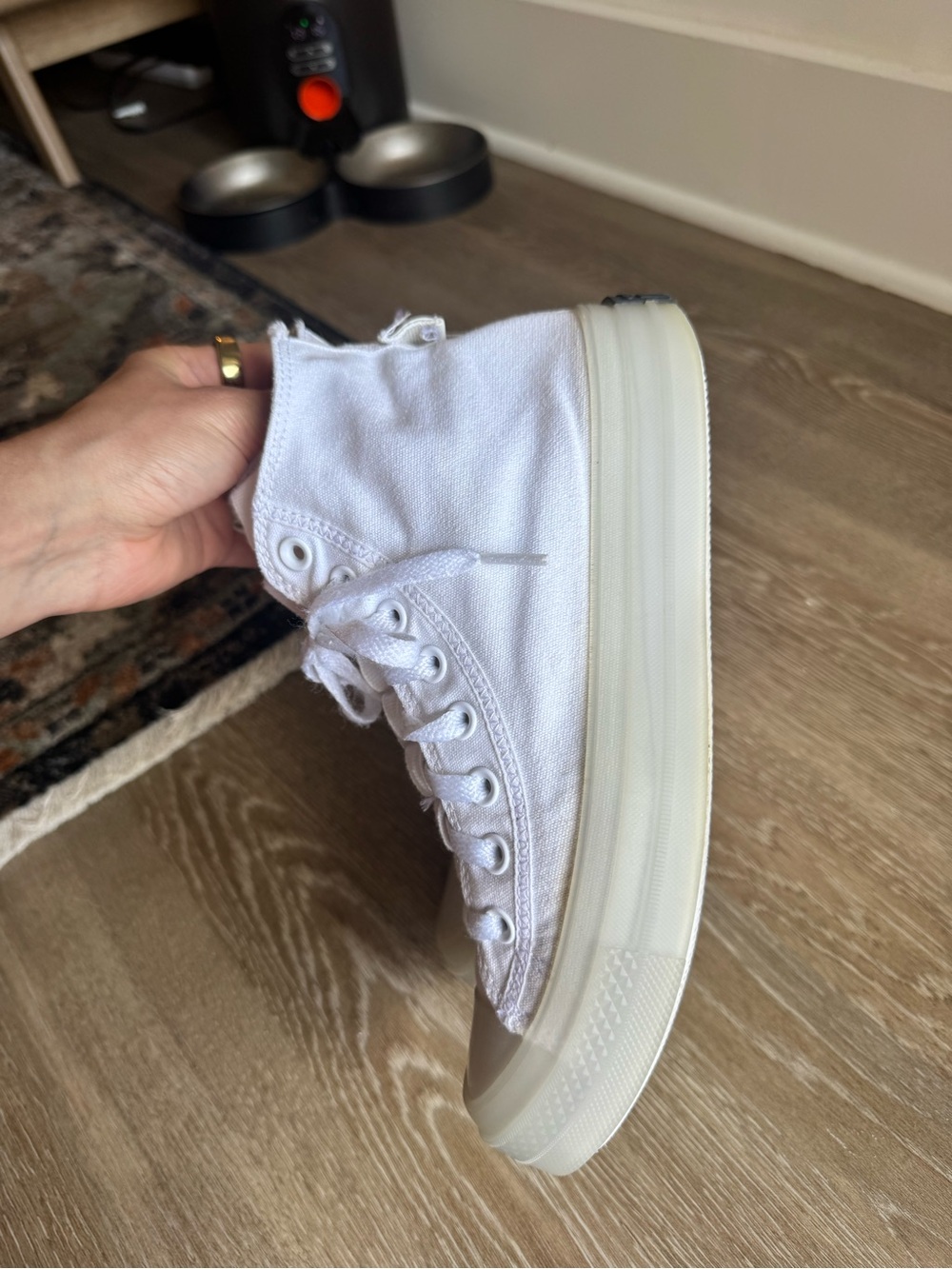 White High-Top Canvas Sneakers with Cream Sole - Women's Casual Lace-Up - Picture 4 of 5